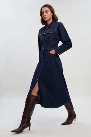 Karen Millen Womens Denim Button Front Sleeved Shirt Dress - Indigo Blue Cotton - Size 10 UK