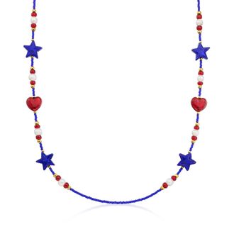 Ross-Simons Italian Red and Blue Murano Glass Patriotic Bead and 6.5-7mm Cultured Pearl Necklace With 18kt Gold Over Sterling