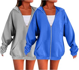 Generic 2 Piece Hoodies For Women Uk Oversized Solid Color Sweatshirts For Women Uk Ladies Zip Up Plain Hoodies Cardigans Tops Long Sleeves Casual Fashion Loo