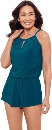 Aqua Green Keyhole Blouson Slimming Swimsuit Romper with Pockets in Lagoon at Nordstrom, Size X-Large