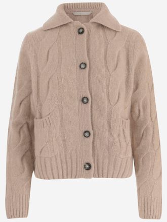 Allude Beige Classic Collar Cable Knit Cashmere Silk Cardigan