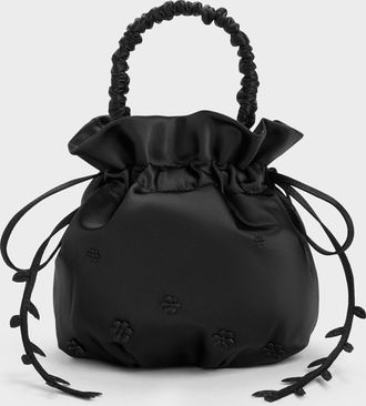 Charles & Keith Mabel Satin Floral-Vine Bucket Bag