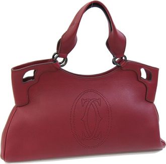 Cartier Marcello Red Color Wine Red Leather Handbag Tote Bag (Pre-Owned)