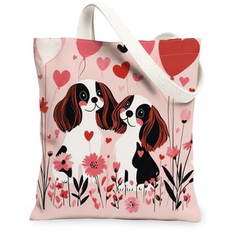 Generic Valentines Day Cavalier King Charles Spaniel Dog Canvas Tote Bag for Shopping 13x15, Couple Puppy Reusable Grocery Print Pattern Bag for Women, Lover 