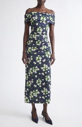 Carolina Herrera Floral Print Ruched Off the Shoulder Jersey Dress in Midnight Multi at Nordstrom, Size X-Small