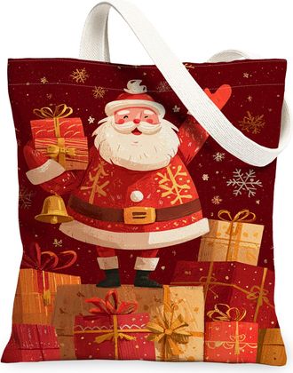 Generic Christmas Vintage Canvas Tote Bags, Holiday Gifts Pattern Reusable Shopping Bags, Festive Lightweight Washable Shoulder Str, Red, 13x15 Inch