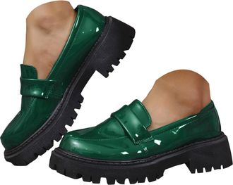 Generic Womens Platform Chunky Heeled Loafers Business Casual Work Shoes Dressy Fashion Comfortable Slip On Loafers for Women Lug Sole Round Toe Low Heel Leat