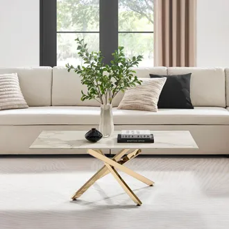Furniturebox Leonardo Rectangular Marble Effect Glass Top Coffee Table With Gold Metal Starburst Legs in White