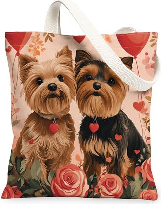 Generic Valentines Day Yorkie Dog Canvas Tote Bag for Shopping 13x15, Fun Couple Puppy Reusable Grocery Print Pattern Bag for Women, Lover Beach Aesthetic Pai