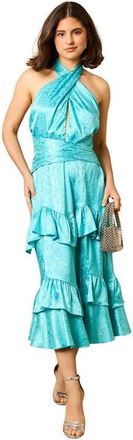 Oasis Halterneck Satin Jacquard Midi Dress in Aqua at Nordstrom, Size 14