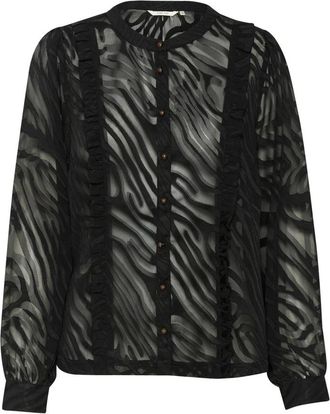 Cream Zwart Animal Mesh Blouse met Ruches - Dames - Overhemden - Zwart - L - Overhemden