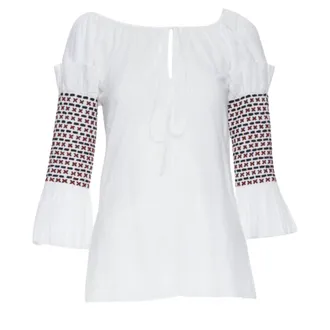 Rosie Assoulin ethnic embroidery smocked sleeves off shoulder top