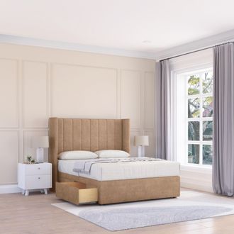 Sloomy Falcon Naples Wingback Bed Set, 2 Drawers & 54 Floor Standing Headboard in Light Sand | Size: Small Double