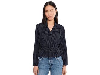 Liverpool L.A. Petite Cropped Pinstripe Trench Jacket With Belt Womens Jacket Deep Midnight/ White Pinstripe : PXL