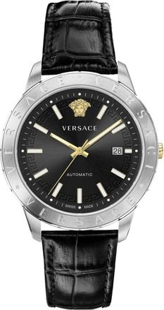 Versace Heren Leren Band Datum Venster Horloge - Heren - Horloges - Grijs - ONE Size - Accessoires