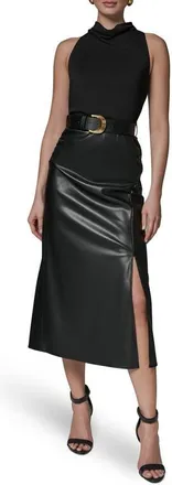 DKNY Jersey & Faux Leather Midi Dress in Black/black at Nordstrom, Size 14
