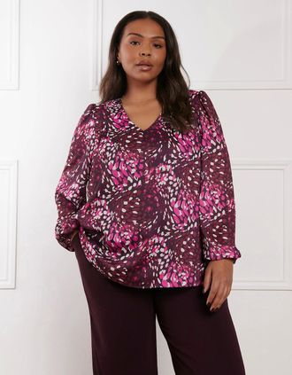 Live Unlimited London Womens Pink Abstract Print V-Neck Blouse - Size: 12