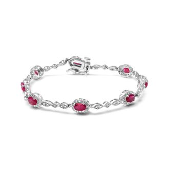 House of Brilliance 10K White Gold 4.5mm x 3mm Oval Ruby and Diamond Link Bracelet
