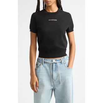 Alexander Wang Hotfix Logo Fitted Short Sleeve Sweater in Black at Nordstrom, Size X-Large