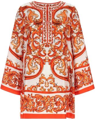 Dolce & Gabbana Orange Printed Round Neck Mini Dress