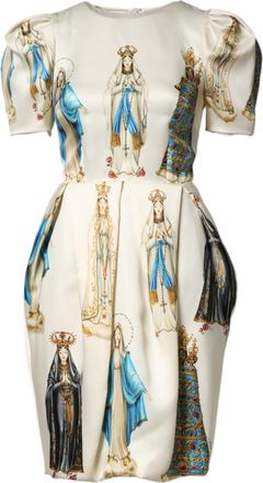 Dolce & Gabbana Beige Madonne Print Silk Short Sleeve Womens Dress