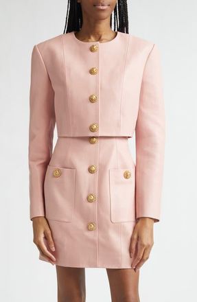 Balmain Crop Lambskin Jacket in 4Hr Powder Pink at Nordstrom, Size 12 Us
