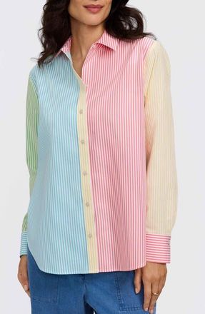 Foxcroft Meghan Colorblock Stripe Cotton Button-Up Shirt in Pink Multi at Nordstrom, Size Small