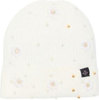 Nanette Lepore Faux Pearl Flower & Bead Knit Cuffed Beanie in White at Nordstrom Rack