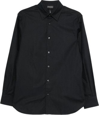 Emporio Armani Overhemden, Heren, Blauw, XL, Katoen, Jacquard overhemd met all-over belettering