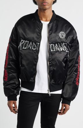 Rta Harvard Lost Frequency Bomber Jacket in Shiny Black at Nordstrom, Size Xxx-Large