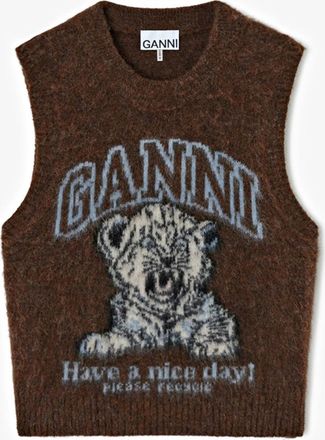 Ganni Brown Vest with Tiger - Size XXS Alpaca