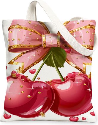 Generic Cherries Bow Canvas Tote Bags, Fruit Design Reusable Grocery Bags, Festive Lightweight Washable Shoulder Strap Canvas for T, Peach, 13x15 Inch