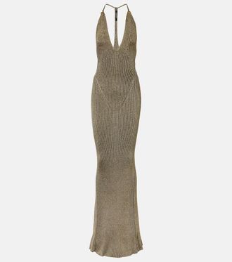 Roberto Cavalli Ribbed-knit lam&eacute; maxi dress