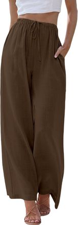 Generic Womens Linen Trousers UK Lightweight Drawstring Elasticated High Waisted Palazzo Pants for Women Casual Wide Leg Trousers with Pockets Ladies Summer L