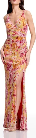 Dress The Population Jordan Metallic Floral Ruched Mermaid Gown in Golden Haze Multi at Nordstrom, Size Xx-Large