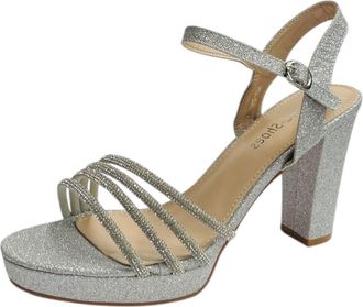 Generic Women Diamante Block Heel Glitter Wedding Prom Party Sandals Ankle Strap Bridal Shoes (Silver, UK Footwear Size System, Adult, Women, Numeric, Medium,