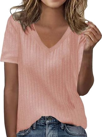 Generic T Shirts for Women Summer Short Sleeve V Neck Ladies Knit Tops Loose Casual Basic Blouse(Pink, L) geburtshemd Damen krankenhaus