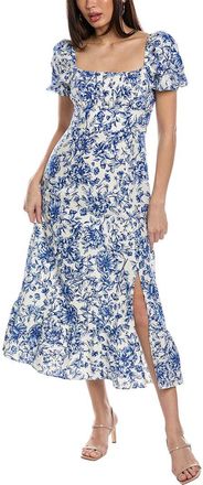 London Times Puff Sleeve Linen-Blend Midi Dress