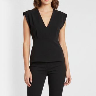 Theory Black Crepe V-Neck Pleated Sleeveless Blouse