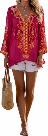 Boston Proper Beaded Resort Embroidered Sheer Tunic Top In Multi Pink