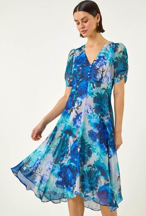 Roman Floral Print Chiffon Midi Dress