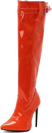 Generic Womens Pointed Toe Stiletto Ultra High Heel Over The Knee Boots with Buckle Strap Zipper Pull On Winter Nightclub Dance Shoes (5.5,Orange)