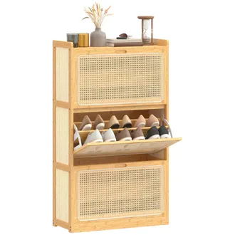 HOMCOM Homcom Zapatero Estrecho De Bamb&uacute; Con 3 Cajones Abatibles De Rat&aacute;n, Estantes Ajustables, Para 18-21 Pares De Zapatos, 69x29x119,8 Cm, Natural