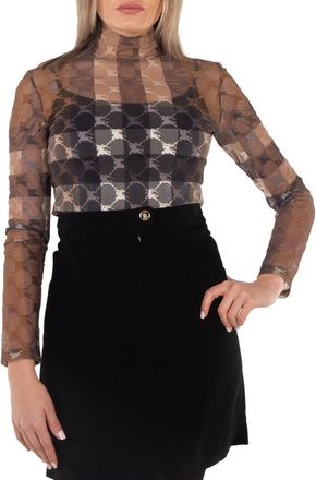 Burberry EKD Check Stretch Tulle Turtleneck Bodysuit, Size X-Small