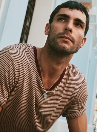 Le 31 Mens Twin-stripe 100% linen jersey T-shirt Comfort fit