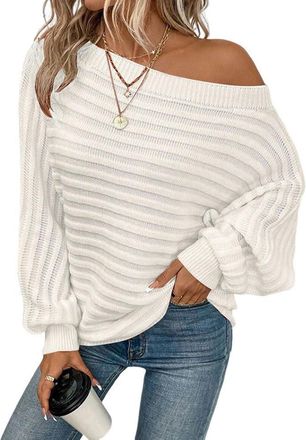 Generic Womens Long Sleeve Off-The-Shoulder Knitted Jumper Winter Plain Jumper Slash Neck Pullover Off Shoulder Winter Pullover (White, XL)