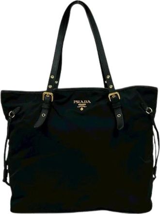 Prada Pre-owned Tote Bags, female, Black, Size: ONE SIZE Pre-owned Nylon Saffiano Leather 2way Tote Bag