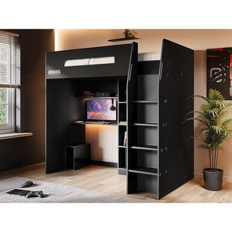 Flair Summit Gaming High Sleeper with Wardrobe Black in Grey | Size: Single