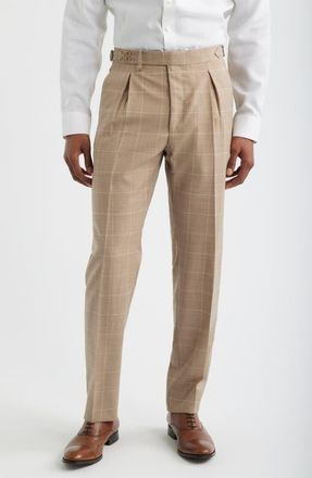Zanella Danny Pleated Windowpane Check Wool Dress Pants in Beig/Khaki at Nordstrom, Size 38