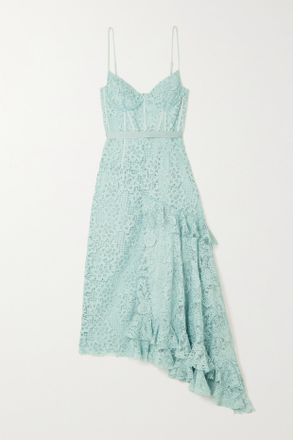 Erdem Abito Midi Asimmetrico In Pizzo Riciclato Con Ruches E Finiture In Raso Melora - Blu